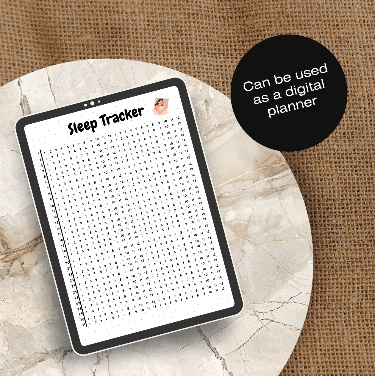 Digital sleep tracker template displayed on a tablet, Ideal for sleep logging and digital planning.